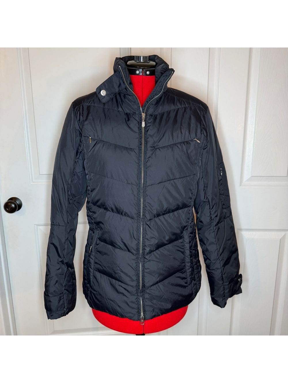 Lands End Goose Down Black Quilted Chevron Puffer Jacket Coat Women’s S